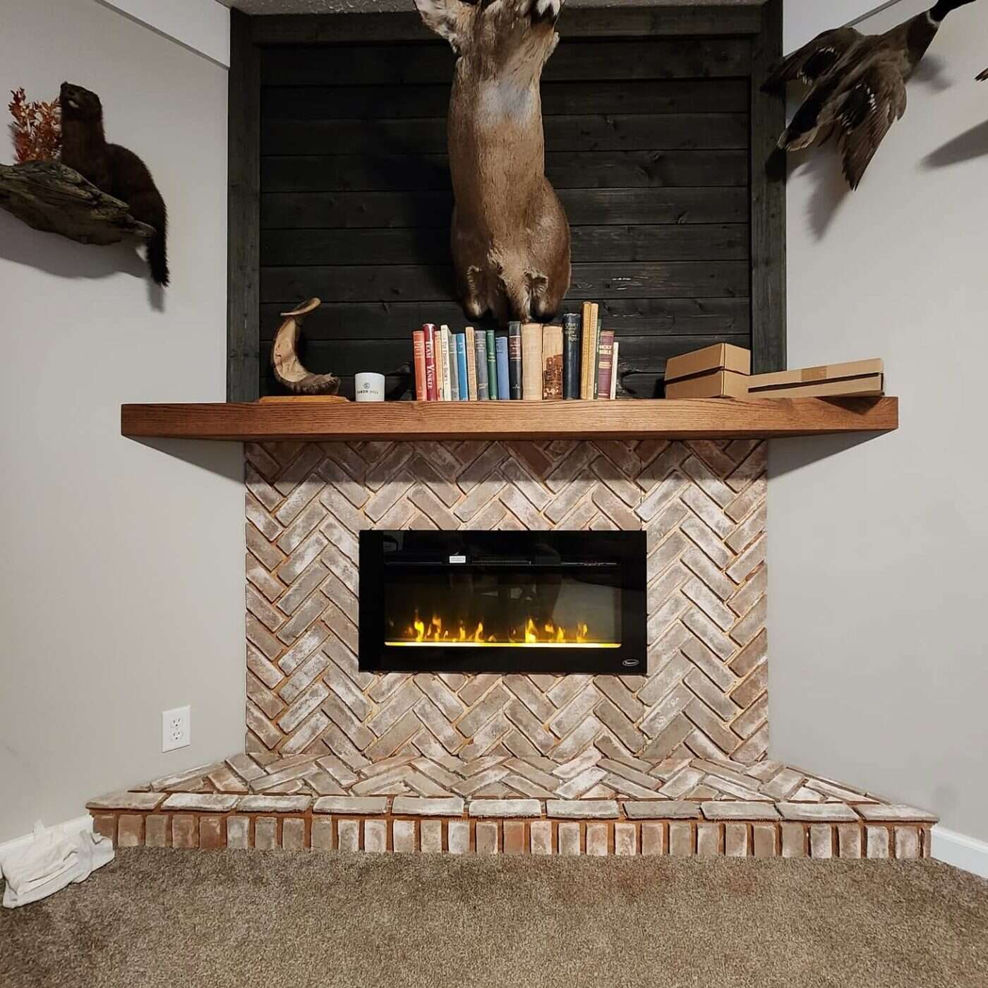 Fireplace surround after herringbone stonework